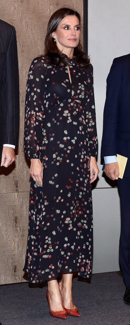 Queen Letizia wears confetti print Massimo Dutti shirt dress for 2019 State Visit to South Korea