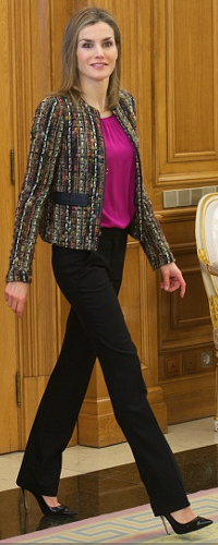 Uterque Tweed Jacket with Leather Trim​ as seen on Queen Letizia.