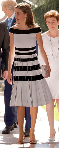 Carolina Herrera Striped Off-the-Shoulder Midi Dress as seen on Queen Letizia.