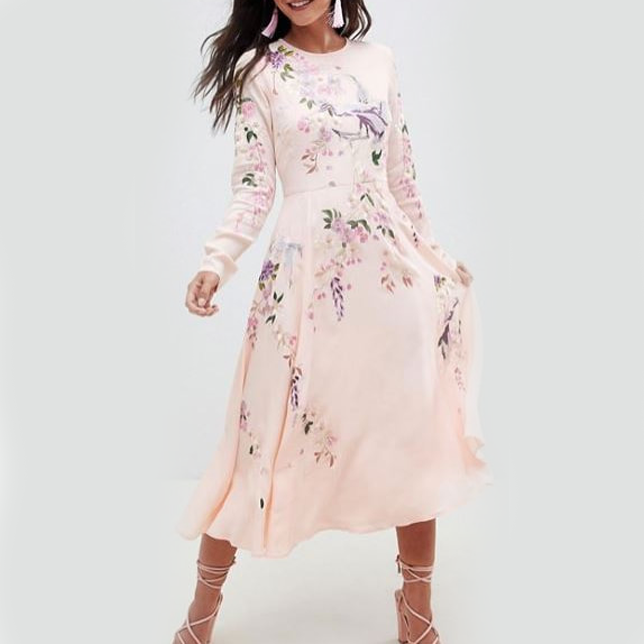 ASOS Floral and Bird Embroidery Midi Dress