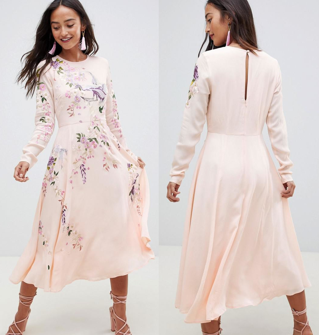 ASOS DESIGN midi dress with pretty floral and bird embroidery