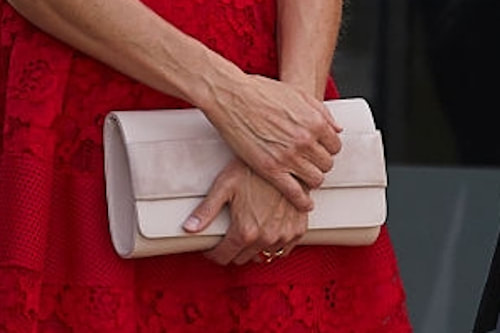 Queen Letizia carries Magrit 'Ivi' pale dusty pink suede clutch bag