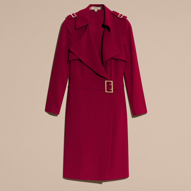 Burberry Buckle Detail Satin-Back Garnet Red Crepe Trench Dress