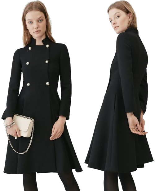 CH Carolina Herrera black double-breasted mabe pearl button wool blend coat 