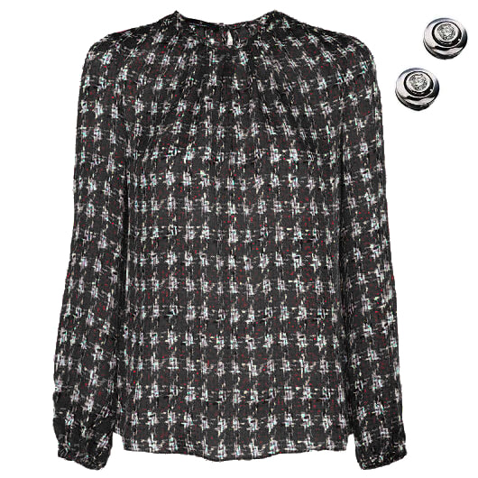Carolina Herrera crosshatch houndstooth patterned blouse in black and bezel set diamond stud earrings