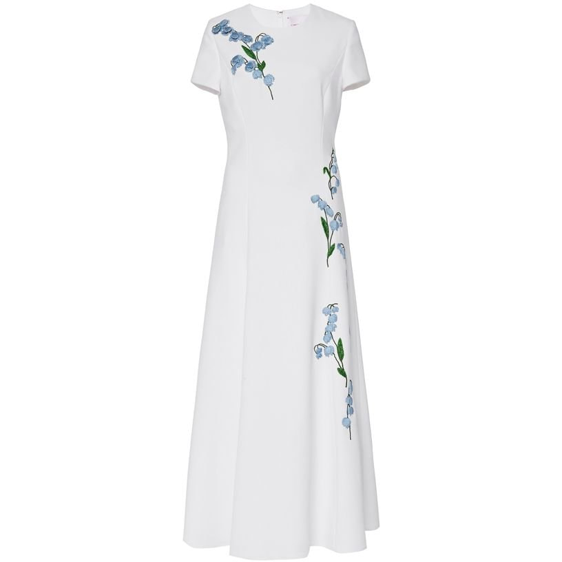 Carolina Herrera Floral Embroidered Short Sleeve Midi Dress in White