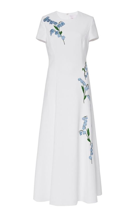 Carolina Herrera Floral Embroidered Short Sleeve Midi Dress 