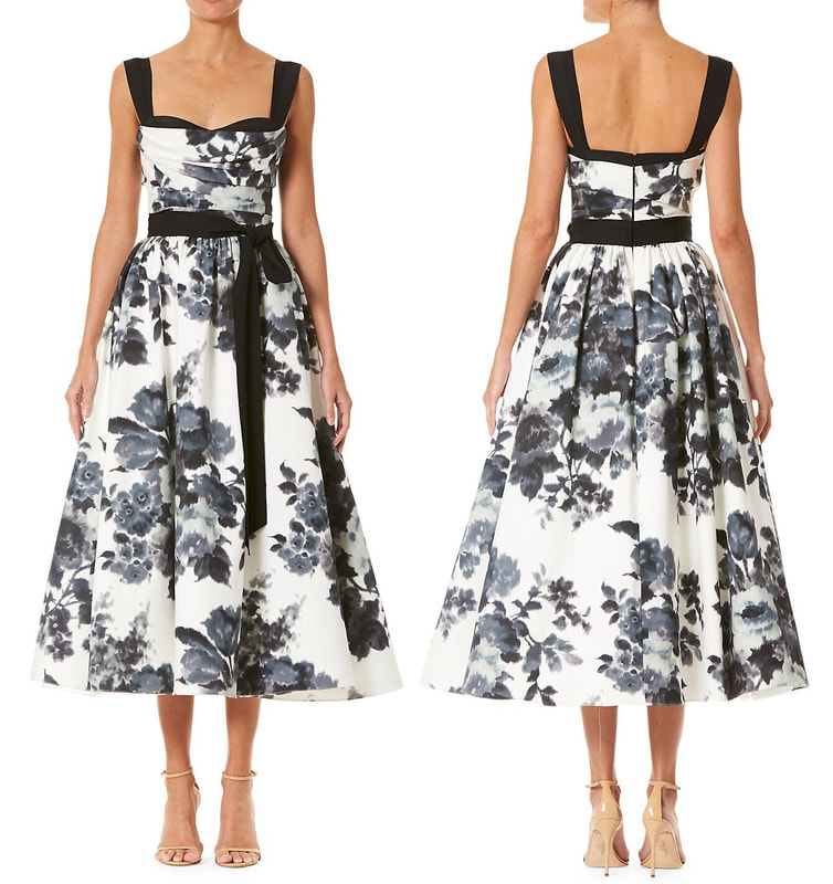 Carolina Herrera New York Resort 2021 White & Black Floral Print Sweetheart-Neck Dress