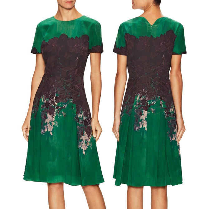 Carolina Herrera Pre-Fall 2015 Green Silk Printed Crew Neck Dress 