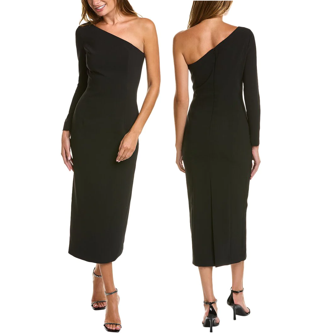 Carolina Herrera One-Shoulder Crepe Midi Dress in Black
