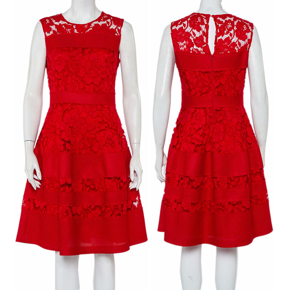 Carolina Herrera Guipure Lace Panel Dress in Red