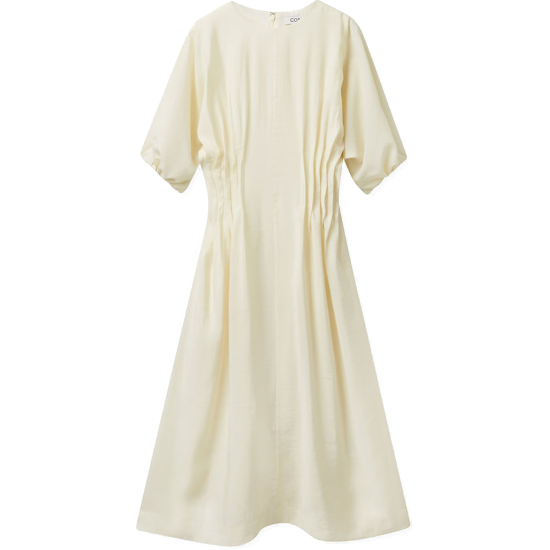 COS Natural Gathered Midi Dress in Light Beige