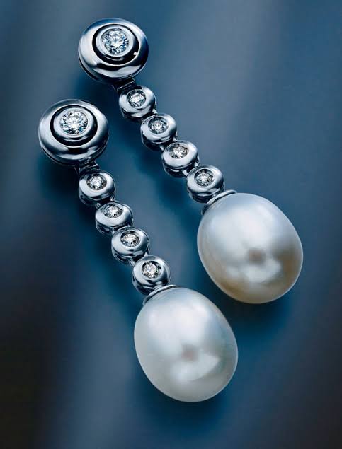 white gold bezel set diamonds and Australian pearl drop earrings