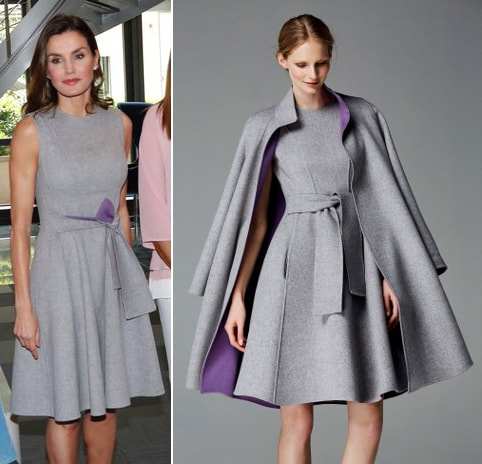 Queen Letizia wears Carolina Herrera grey double-face wool dress in Geneva Switzerland