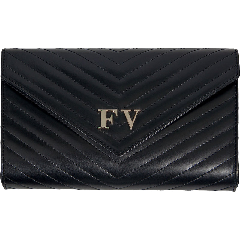 Felipe Varela Chevron Quilted Envelope Clutch in Black Leather