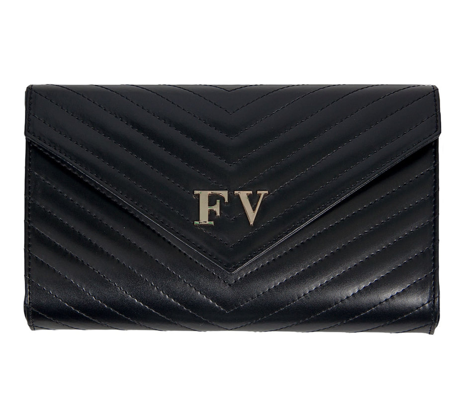 Felipe Varela black leather chevron quilted envelope clutch