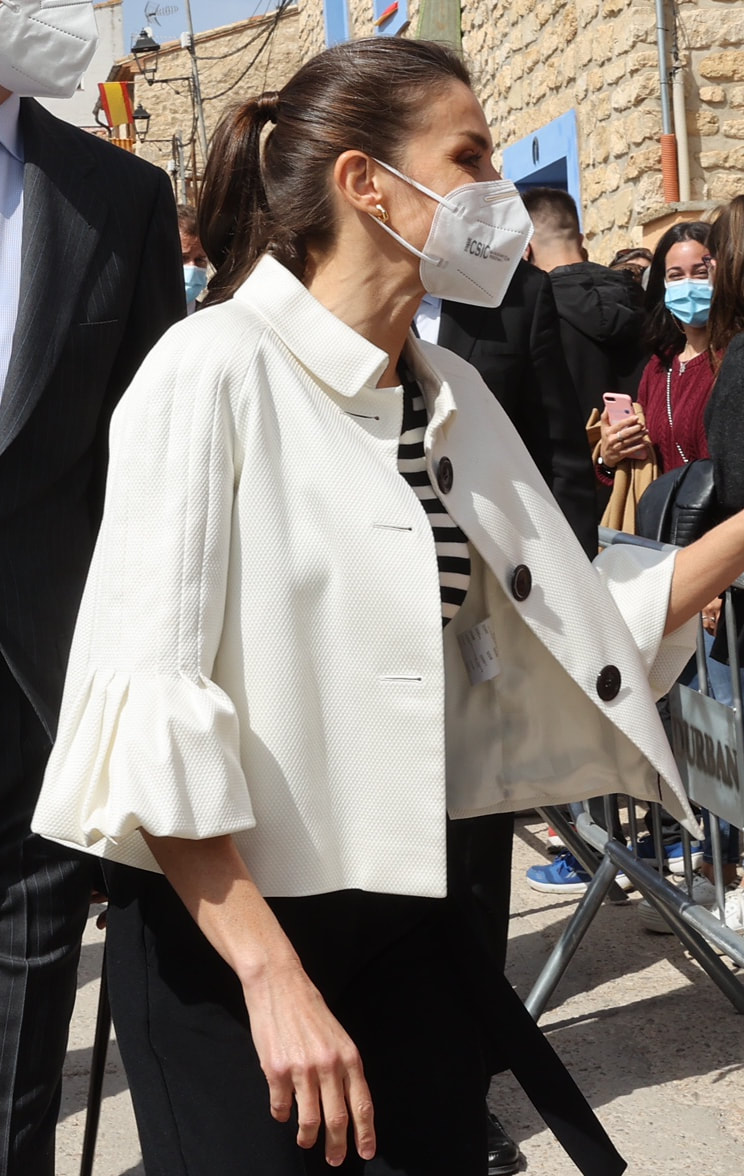 Queen Letizia wears white Burberry textured bell sleeve jacket