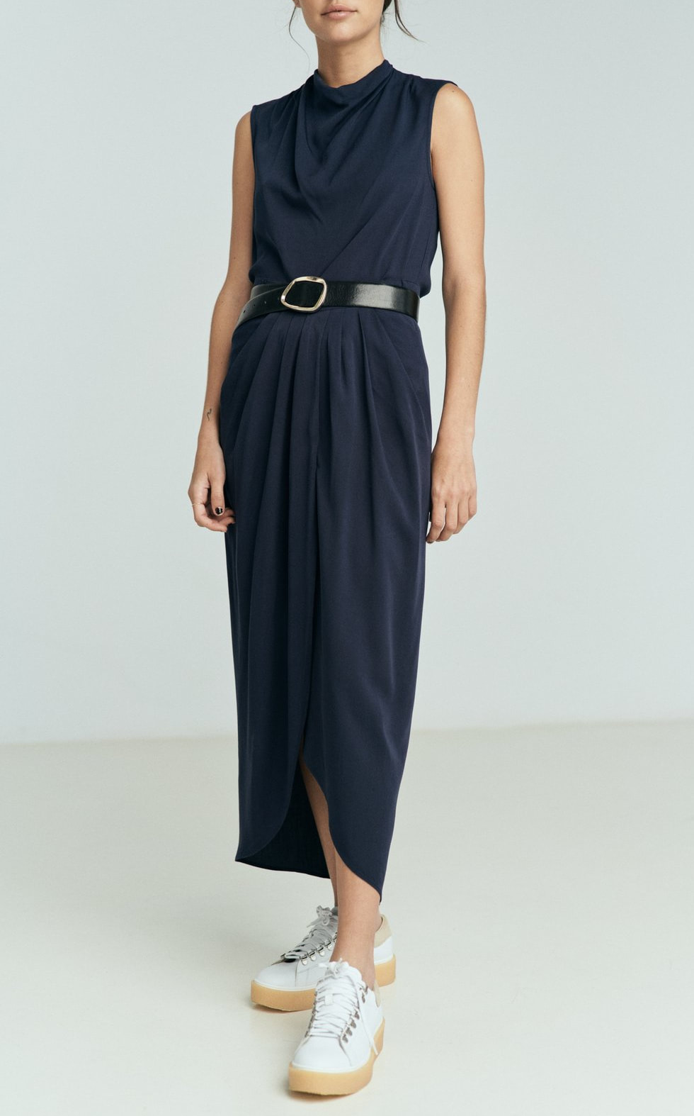 Galcon Studio navy drape-neck top and drape-front midi skirt