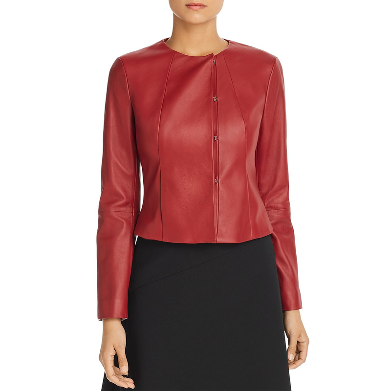 Hugo Boss 'Sabarbie' Cropped Leather Jacket in Ruby Red