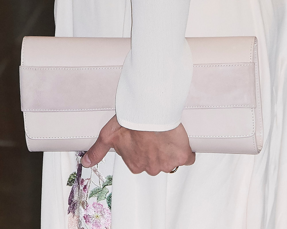 Queen Letizia carries dusty pink Magrit 'Ivy' suede clutch