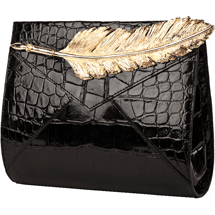 Ines Figaredo Crocodile Leather Clutch with Gilded Bronze Feather
