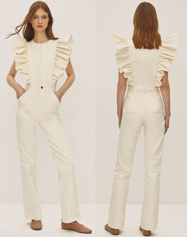 The IQ Collection 'Tana' White Denim Cotton Jumpsuit with ruffle detail