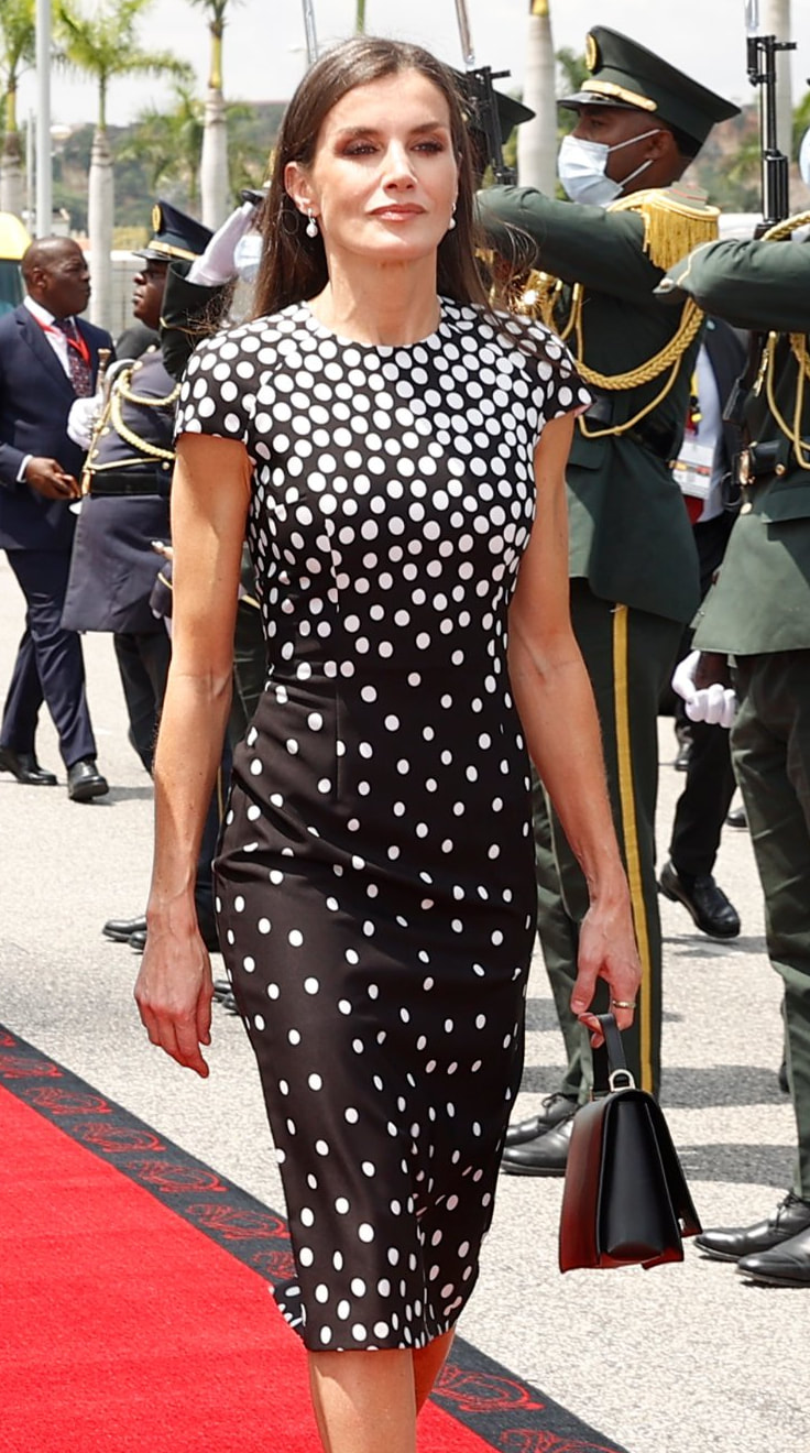 Queen Letizia wears José Hidalgo black and white polka dot sheath dress