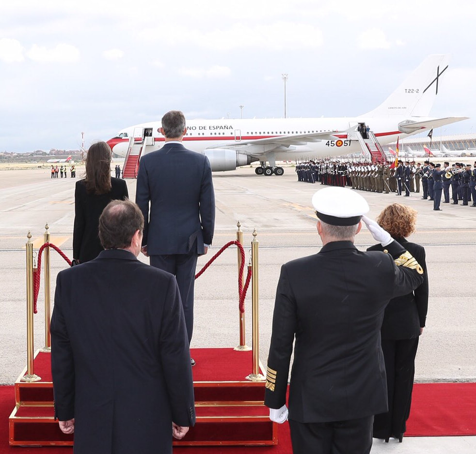 King and Queen of Spain receive farewell with Honours at the Adolfo Suarez Madrid-Barajas Airport before boarding flight to Japan 2019