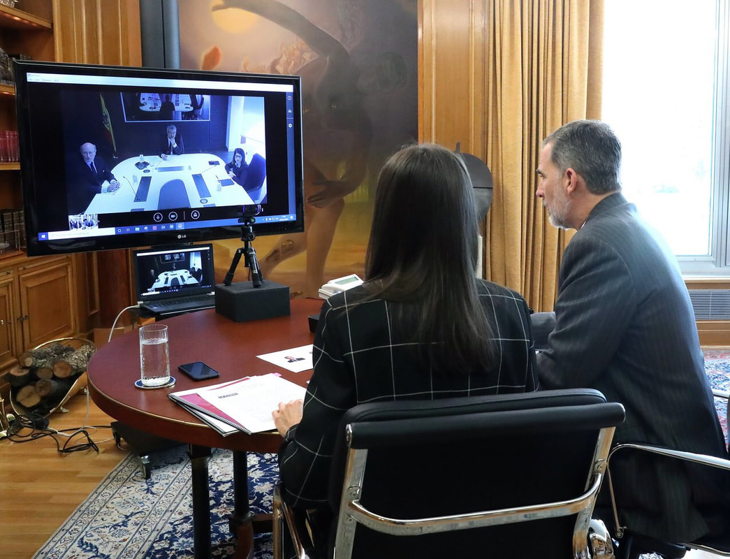 King Felipe VI and Queen Letizia video conference with AENA on 20 April 2020