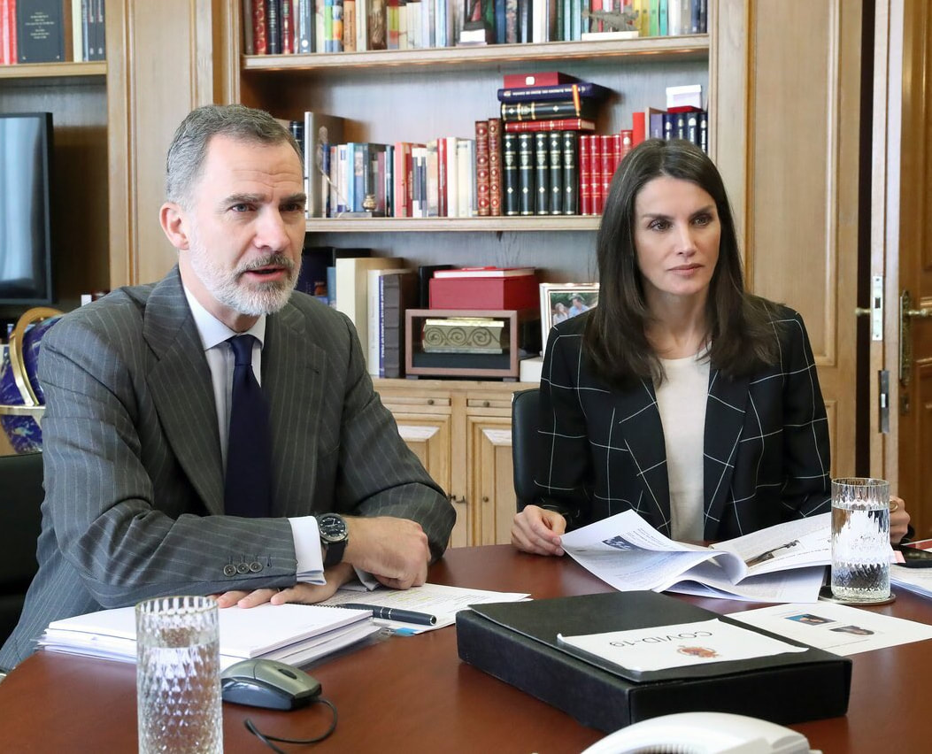 The King and Queen of Spain continued video conferences at the Palace of Zarzuela on 20 April 2020