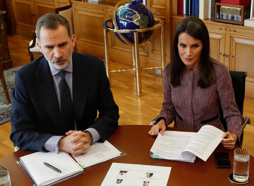 The King and Queen of Spain continued video conferences today from their home at the Palace of Zarzuela on 18 May 2020