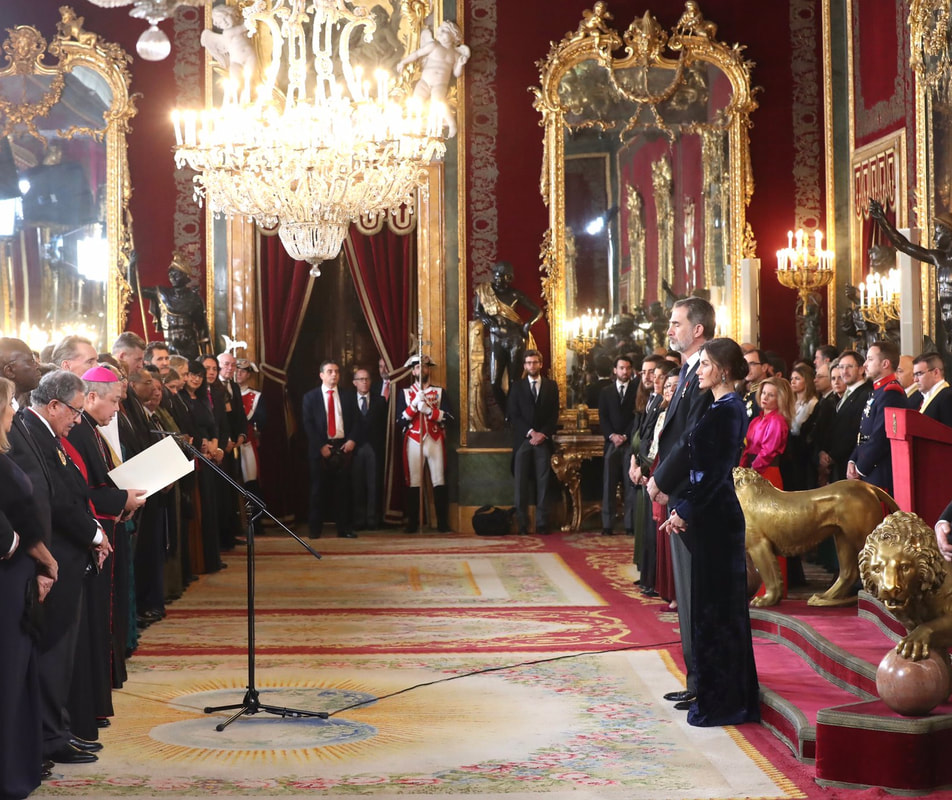 King Felipe VI and Queen Letizia in the Royal Palace Throne Room during speech of the Apostolic Nunciature to Spain fro Diplomatic Corps reception 2020