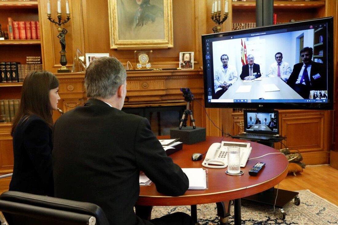 Queen Letizia and King Felipe hold video conference with the medical team and scientist at the Hospital Clínico San Carlos in Madrid to discuss WHO 'Solidarity Trial'
