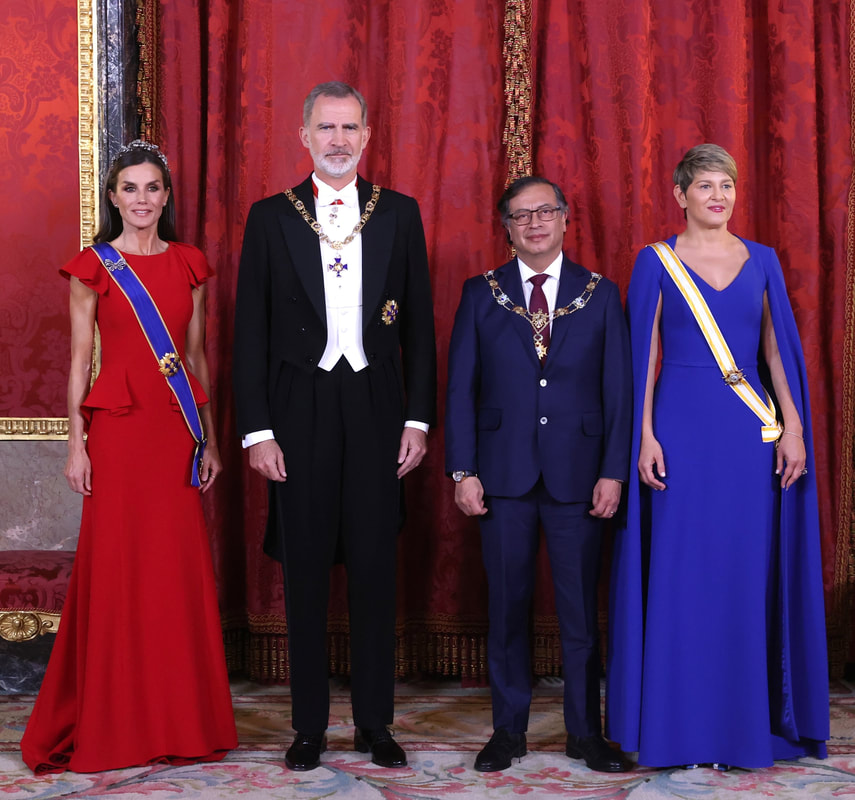 King Felipe and Queen Letizia hosted a State gala dinner in honor of the President of Colombia, Gustavo Francisco Petro, and the First Lady, Verónica Alcocer, who are on a two-day State Visit to Spain, at the Royal Palace of Madrid on 3rd May 2023