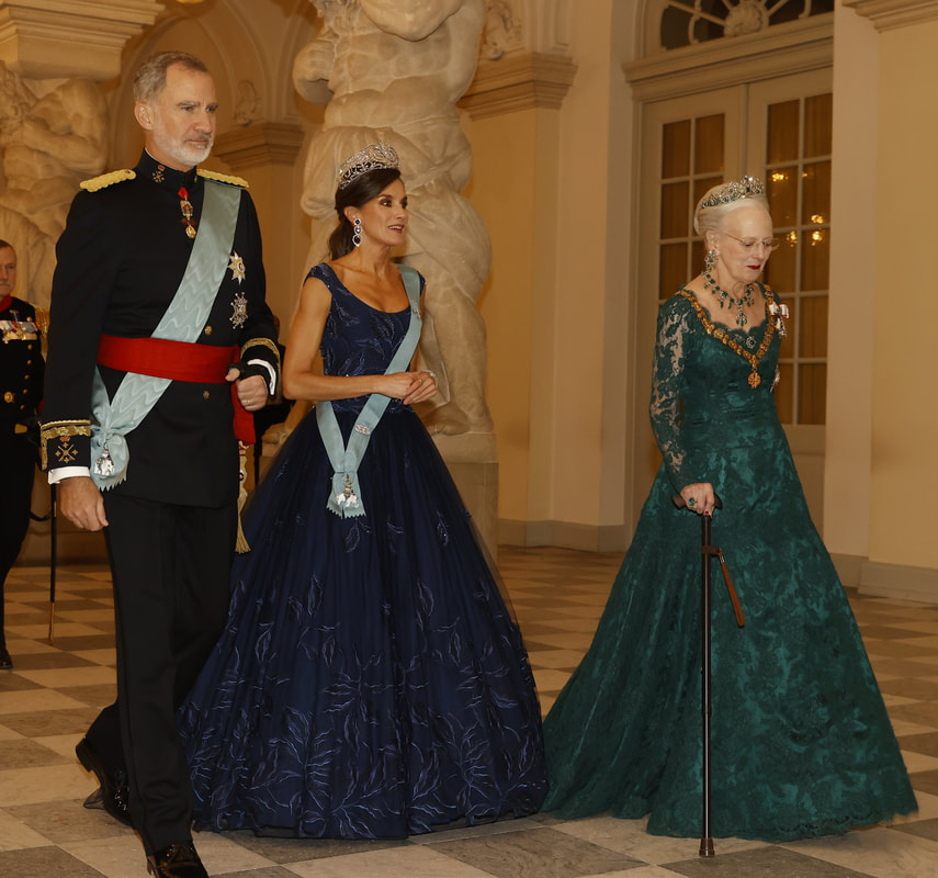 King Felipe VI and Queen Letizia of Spain attended a gala dinner on Day 1 of State Visit to Denmark at Christiansborg Palace in Copenhagen on 6th November 2023
