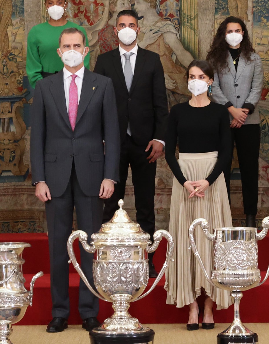 King Felipe VI and Queen Letizia of Spain presided over the delivery of the 2018 National Sports Awards, at Palacio Real de El Pardo, Madrid on 2 March 2021