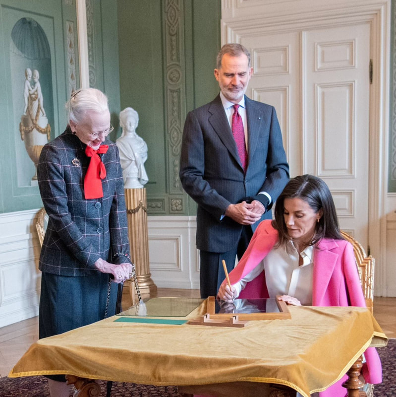King Felipe VI and Queen Letizia of Spain on Day 3 of State Visit to Denmark say farewell to Queen Margrethe II at Fredensborg Palace on 8th November 2023
