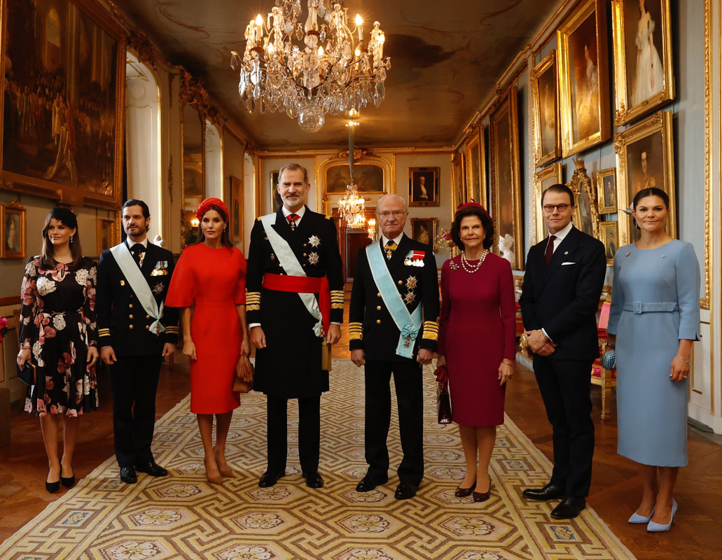 King Felipe VI and Queen Letizia of Spain with King & Queen of Sweden and Crown Princess Victoria, Prince Daniel, Prince Carl Philip and Princess Sofia Day 2 State Visit to Sweden 2021