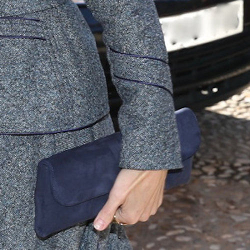 Queen Letizia carries Magrit 'Liz' navy suede clutch