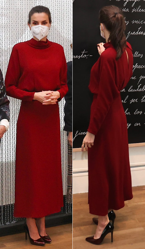Queen Letizia wears Massimo Dutti dark pink open back dress