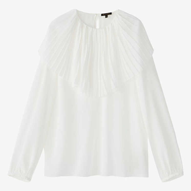 Massimo Dutti Limited Edition Silk Blouse With Pleated Capelet in White
