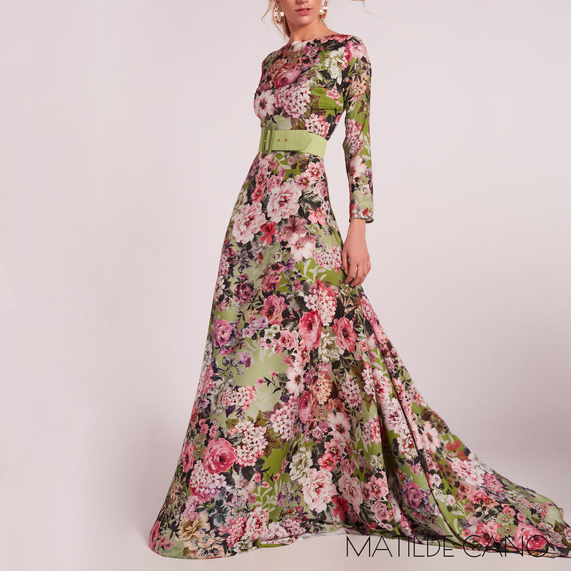 Matilde Cano Floral Belted Gown
