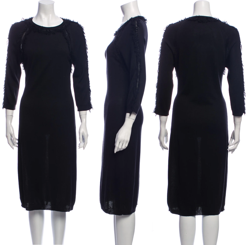 Nina Ricci Black Knit Dress With Fringe Trim