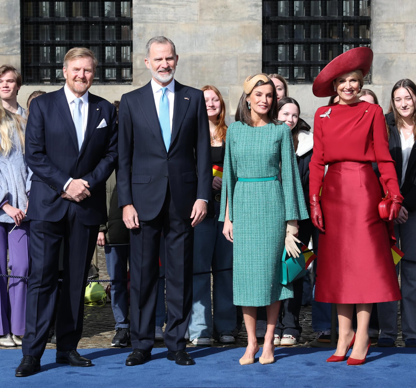 King Felipe VI and Queen Letizia with King Willem-Alexander and Queen Máxima attend the Welcome Ceremony during State Visit to the Netherlands at Dam Square on April 17, 2024
