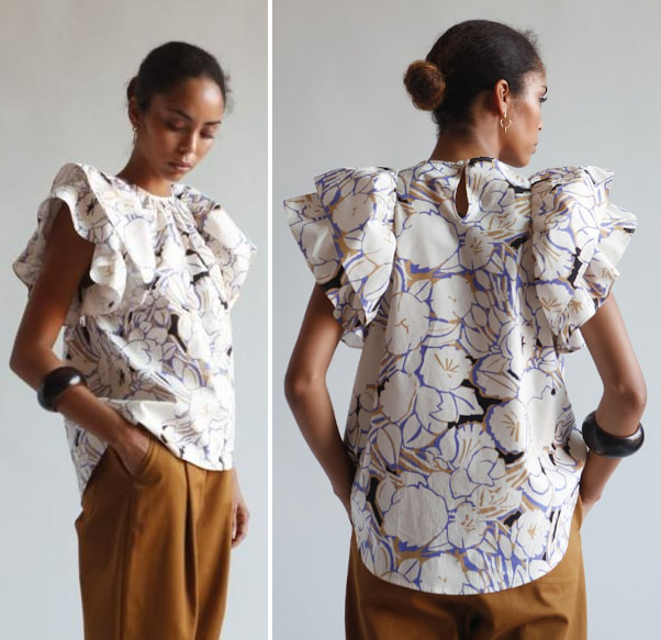 Psophía floral print cotton top with double ruffle sleeve
