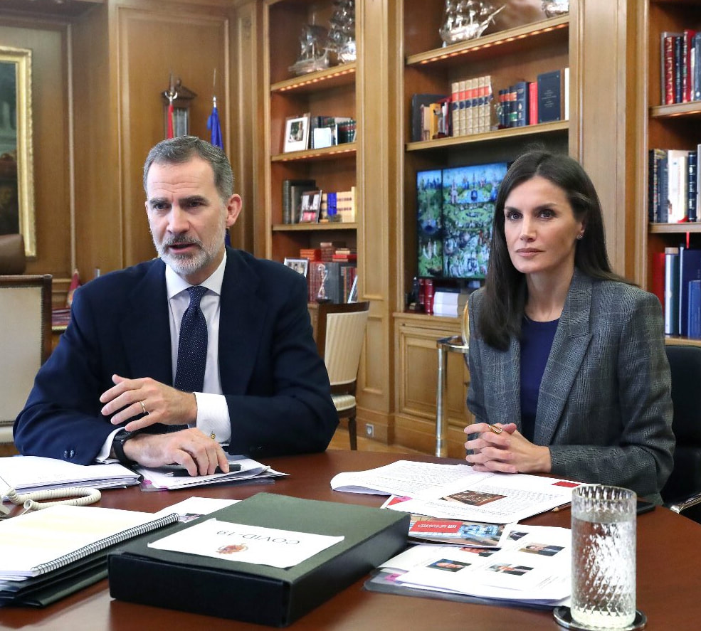 The King and Queen of Spain held video conferences at Palacio de La Zarzuela, Madrid on 24 April 2020