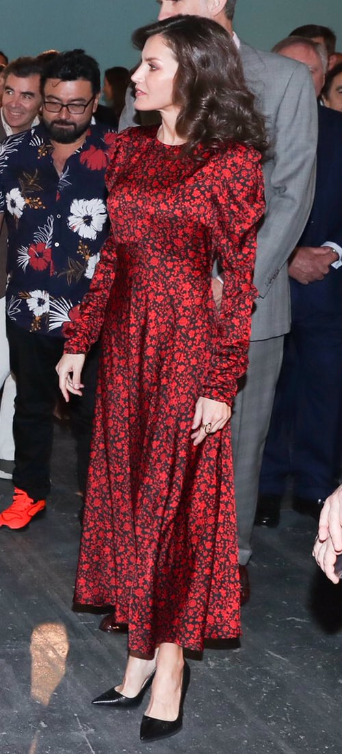 Queen Letizia wears Maje Ravie floral-print satin midi dress