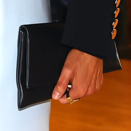 Queen Letizia carries Carolina Herrera 'Baret' Clutch in Navy Leather