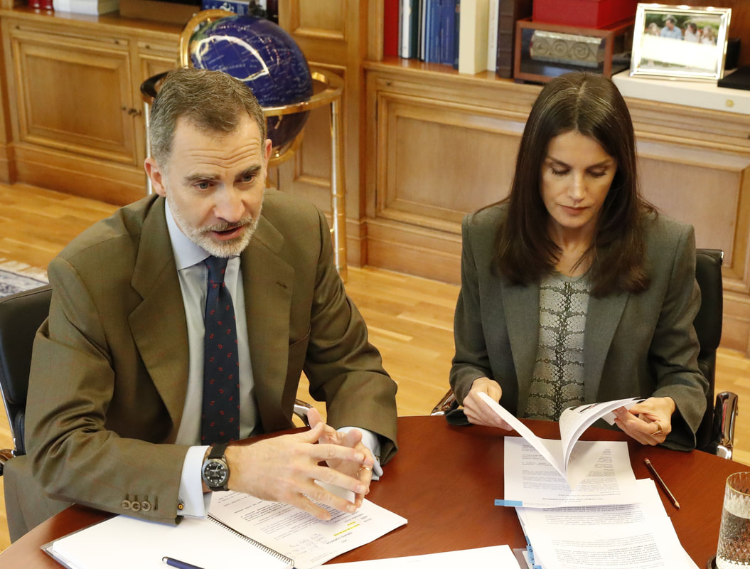 The King and Queen of Spain video conferences at the Palace of Zarzuela on 13 April 2020