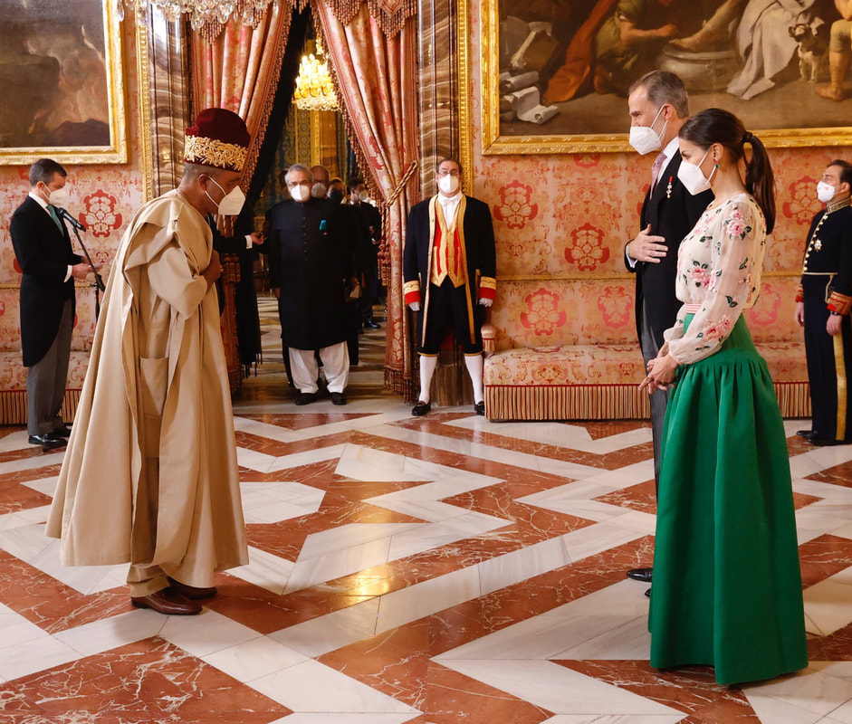 King Felipe VI and Queen Letizia greet foreign diplomats and ambassadors as they arrived in the Palace's Throne Room.